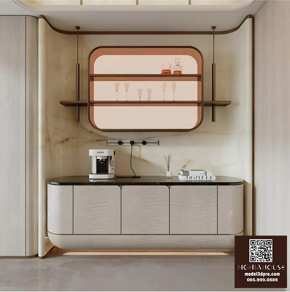 Free 3D Model Modern Bar Cabinet with Coffee Station | Tủ Bar Hiện Đại Kèm Quầy Pha Cà Phê 3D