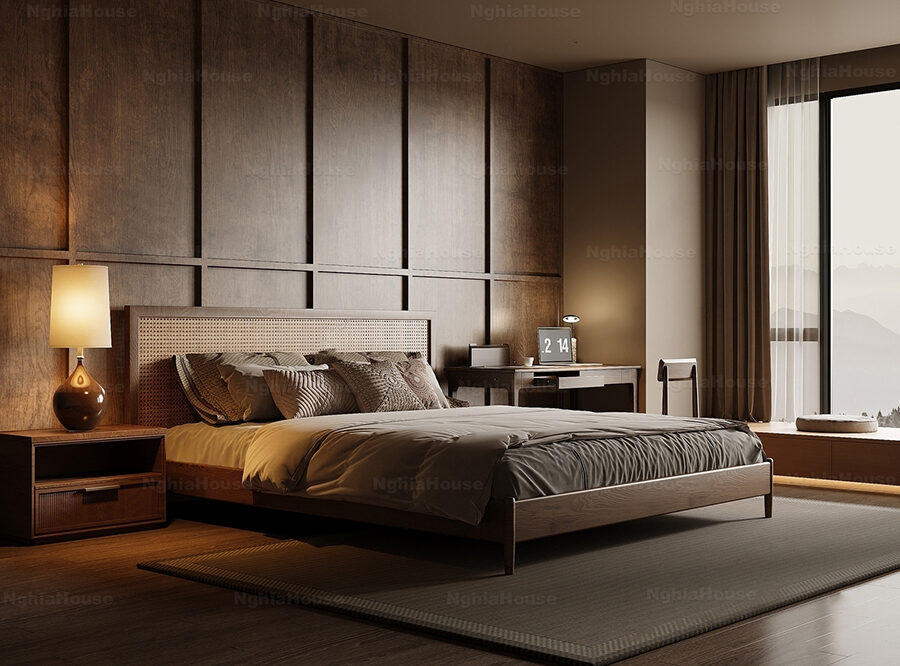 3D Model Modern Bedroom Interior – Bed, Nightstand, Desk & Lighting_1156349527