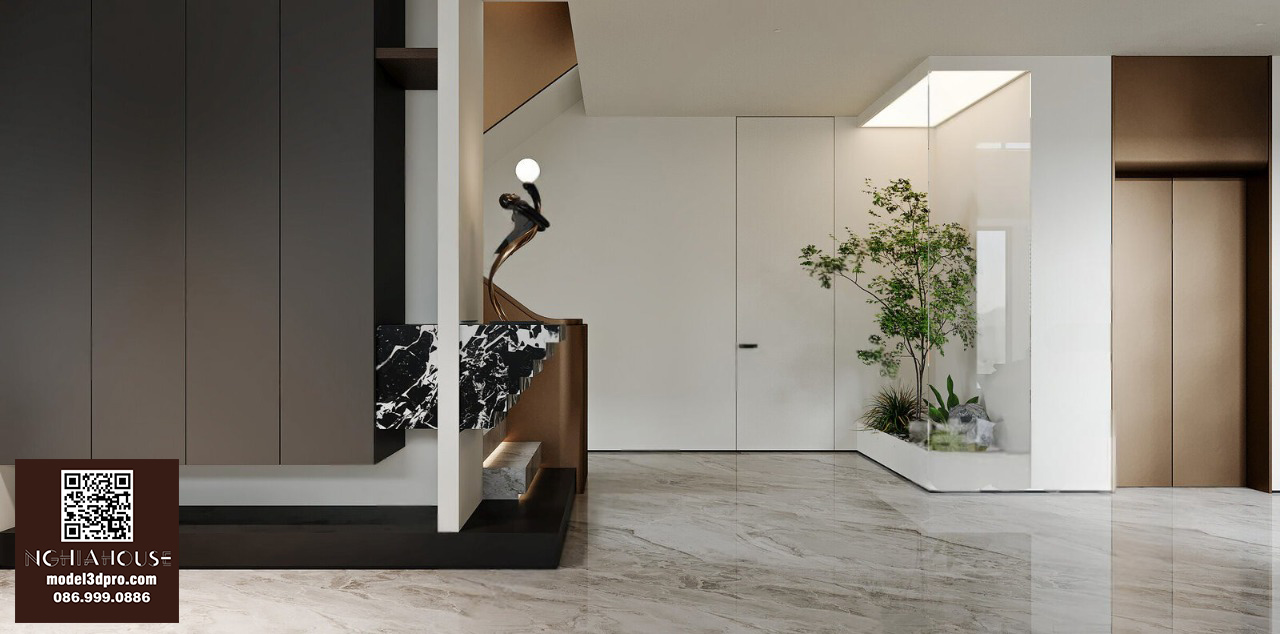 3D Model Modern Entrance Hall with Marble Floor and Indoor Greenery_ID109994883