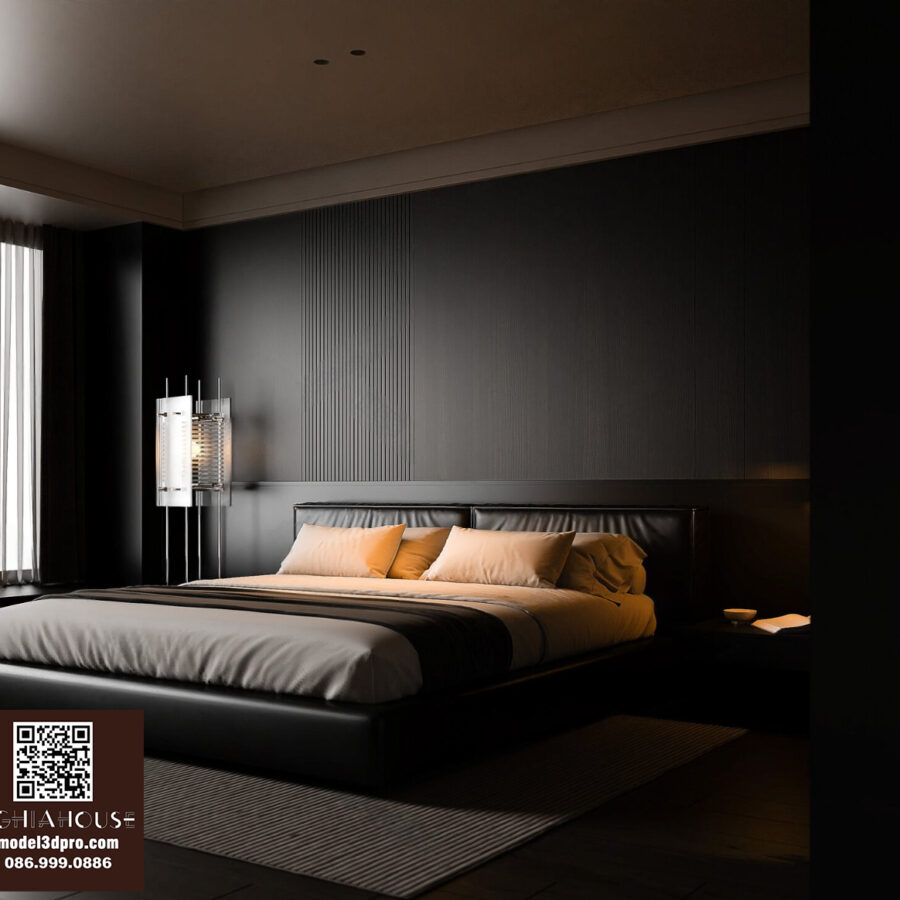 3D Model Modern Leather Bed with Minimalist Bedroom Interior_107898065 VR