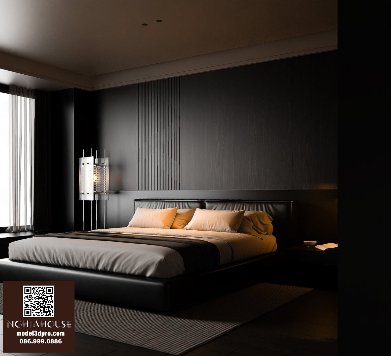 3D Model Modern Leather Bed with Minimalist Bedroom Interior_107898065 VR