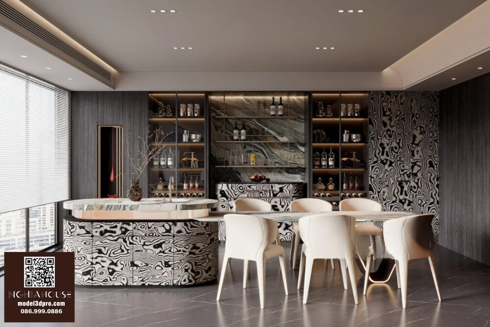 3D Model Modern Luxury Home Bar Interior with Marble Counter and Wine ...