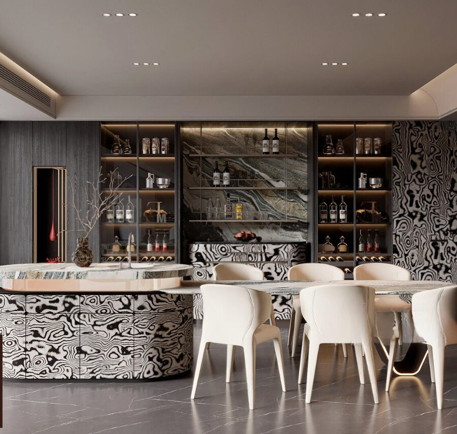 3D Model Modern Luxury Home Bar Interior with Marble Counter and Wine Cabinet_CR