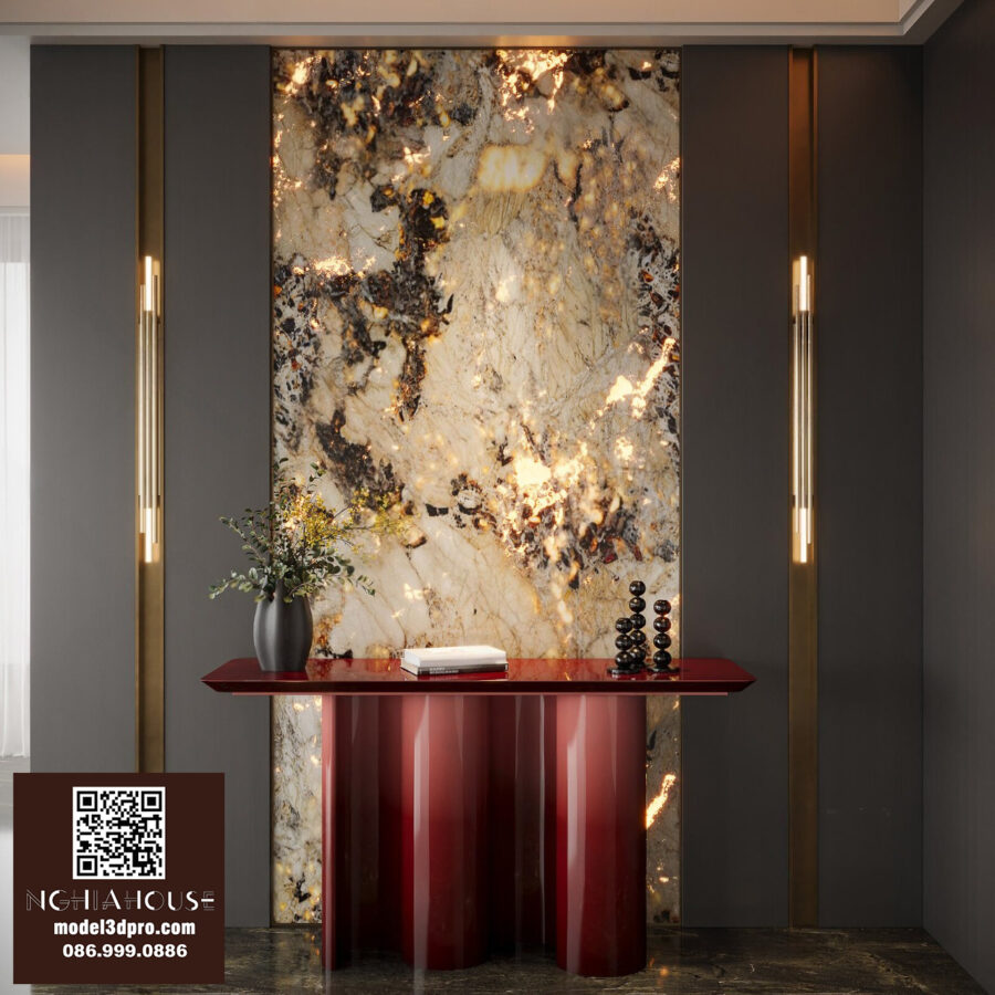 3D Model Modern Red Console Table with Marble Wall Background_100756327