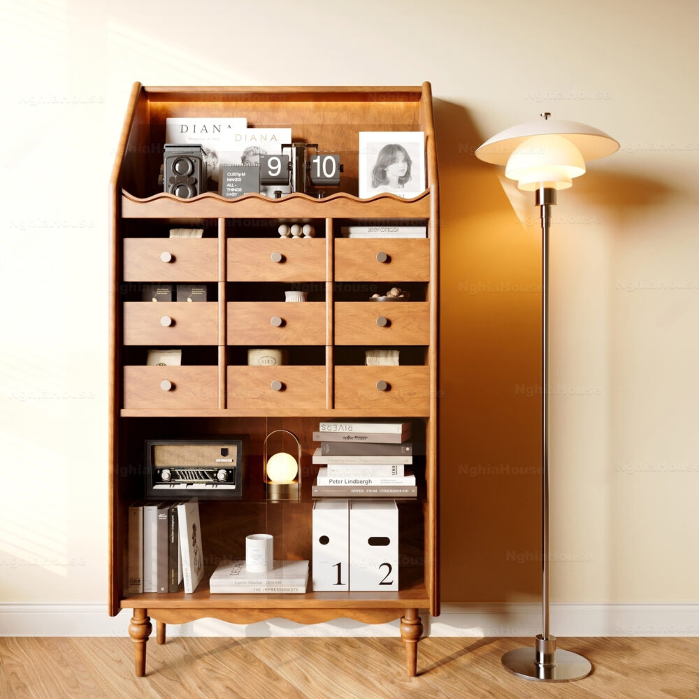 3D Model Vintage Wooden Cabinet with Drawers and Modern Floor Lamp ...