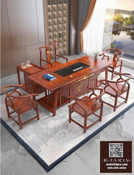 Free 3D Model Wooden Tea Table Set | Bộ Bàn Ghế Trà Gỗ 3D