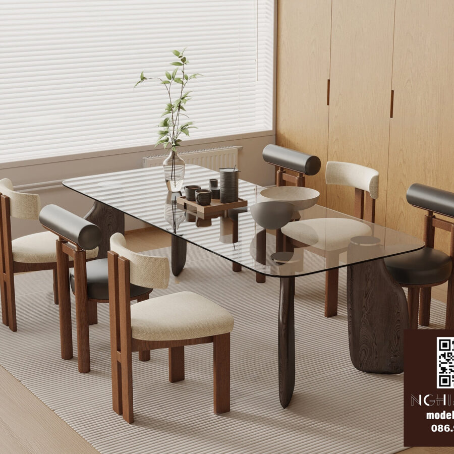 3D Model – Modern Dining Table Set with Glass Top & Wooden Chairs Vray_105013282