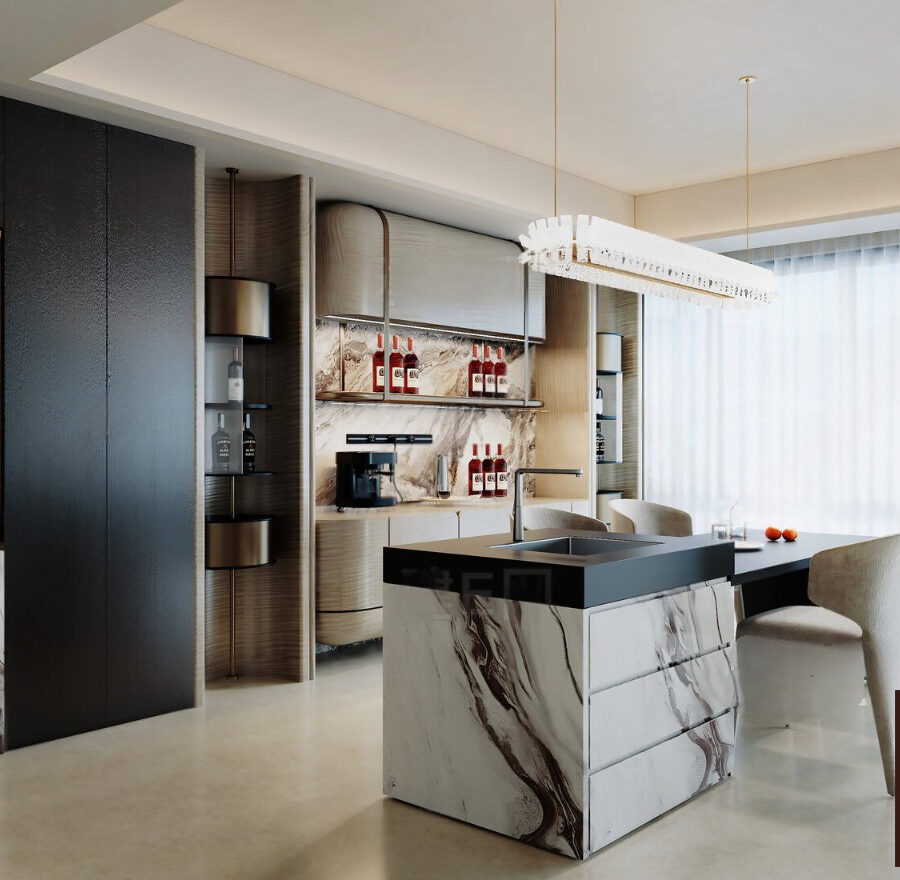 3D Model – Modern Luxury Kitchen and Dining Area Marble Island Vray Render