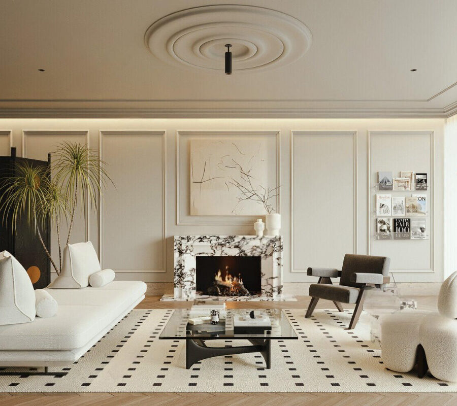 3D Model – Modern Minimalist Living Room with Marble Fireplace (V-Ray Render)_ID107369883