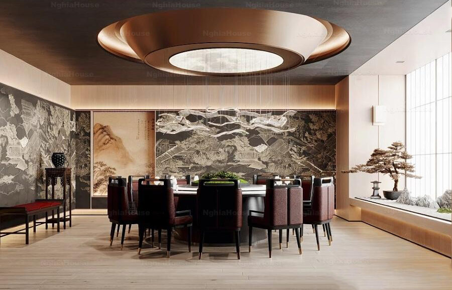 Asian Style Luxury Dining Room with Round Table and Wall Art - 3D Model_HCI4803719917259