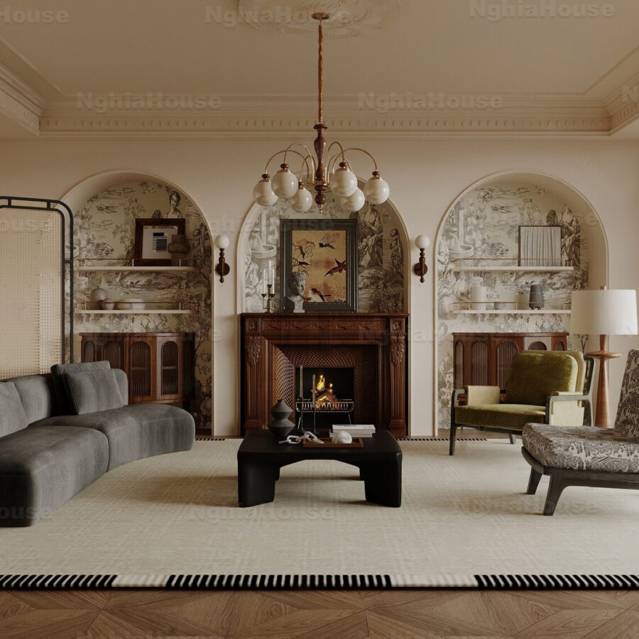 Classic and Cozy Living Room Design with Fireplace_109076170