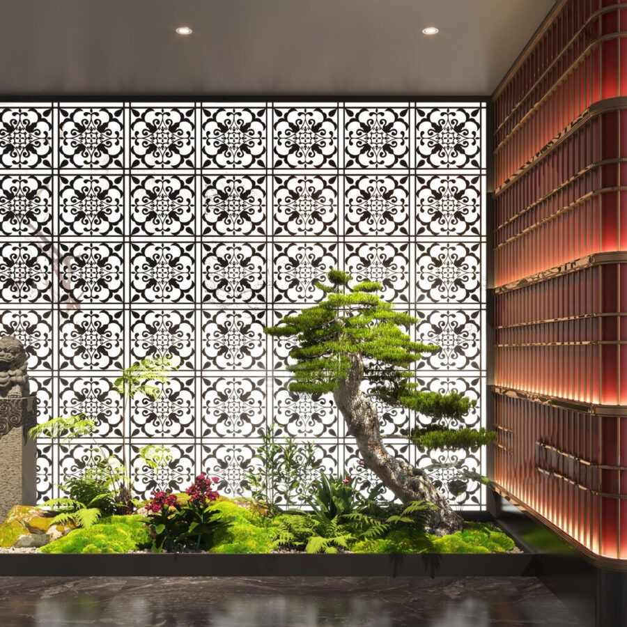 Free 3D Model Japanese Zen Garden Interior with Bonsai and Stone Statues_110845037