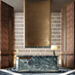 Luxury Marble Reception Desk with Gold Accents_105078629