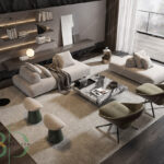 Luxury Modern Living Room with Marble Coffee Table and Black Sofa Set - 3D Model_IDC1117421308