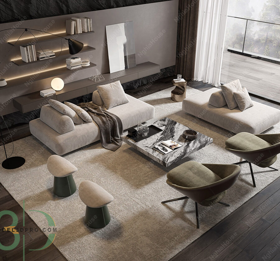 Luxury Modern Living Room with Marble Coffee Table and Black Sofa Set - 3D Model_IDC1117421308