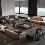Luxury Modern Living Room with Marble Coffee Table and Black Sofa Set - 3D Model_IDC1118107877