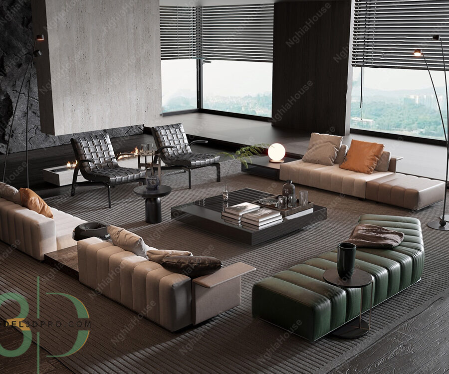 Luxury Modern Living Room with Marble Coffee Table and Black Sofa Set - 3D Model_IDC1118107877
