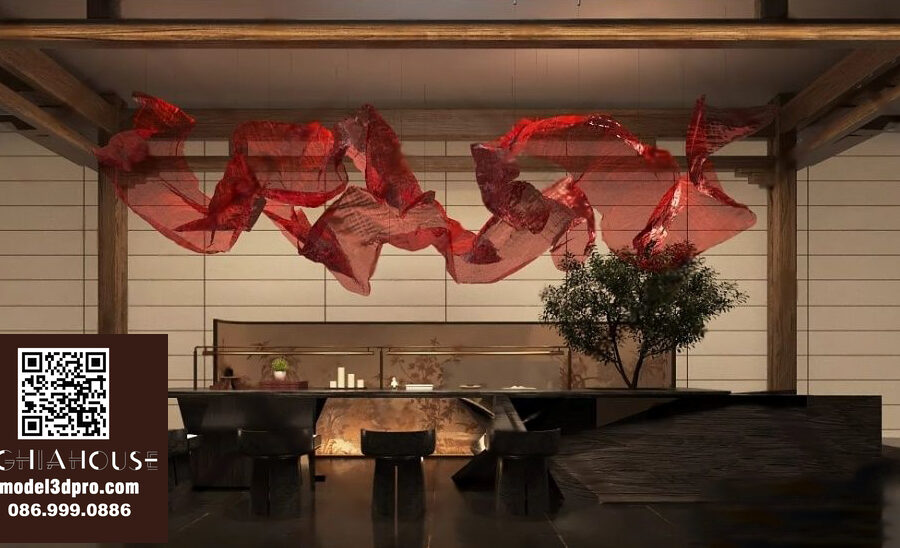 Modern Asian Style Dining Room with Artistic Ceiling Decoration_HJI4803711881809