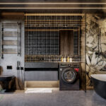 Modern Bathroom with Bathtub and Laundry Area - 3D Model_IDC593643406