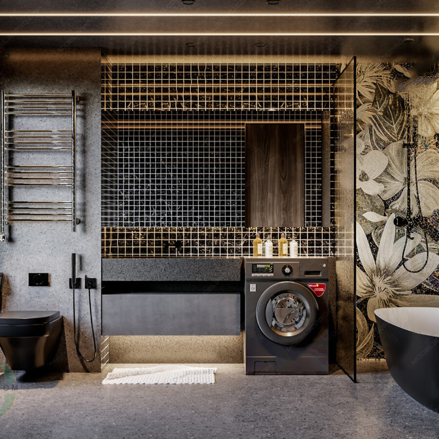 Modern Bathroom with Bathtub and Laundry Area - 3D Model_IDC593643406