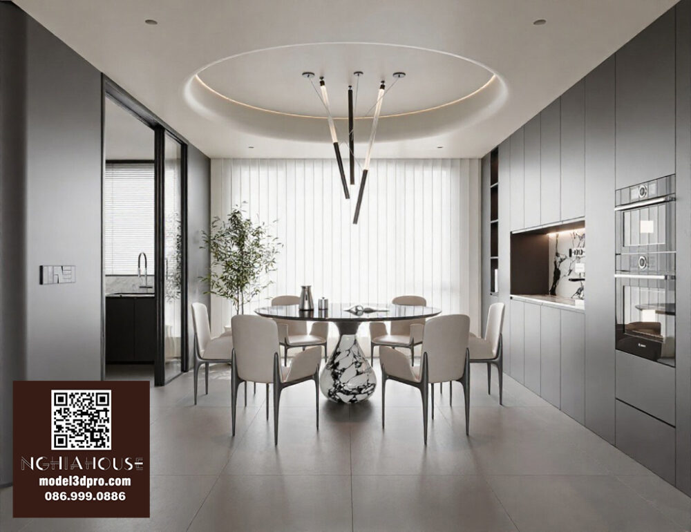 Modern Dining Room with Marble Table and Minimalist Kitchen - Free 3D ...