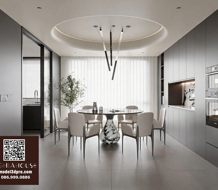 Modern Dining Room with Marble Table and Minimalist Kitchen - Free 3D Model