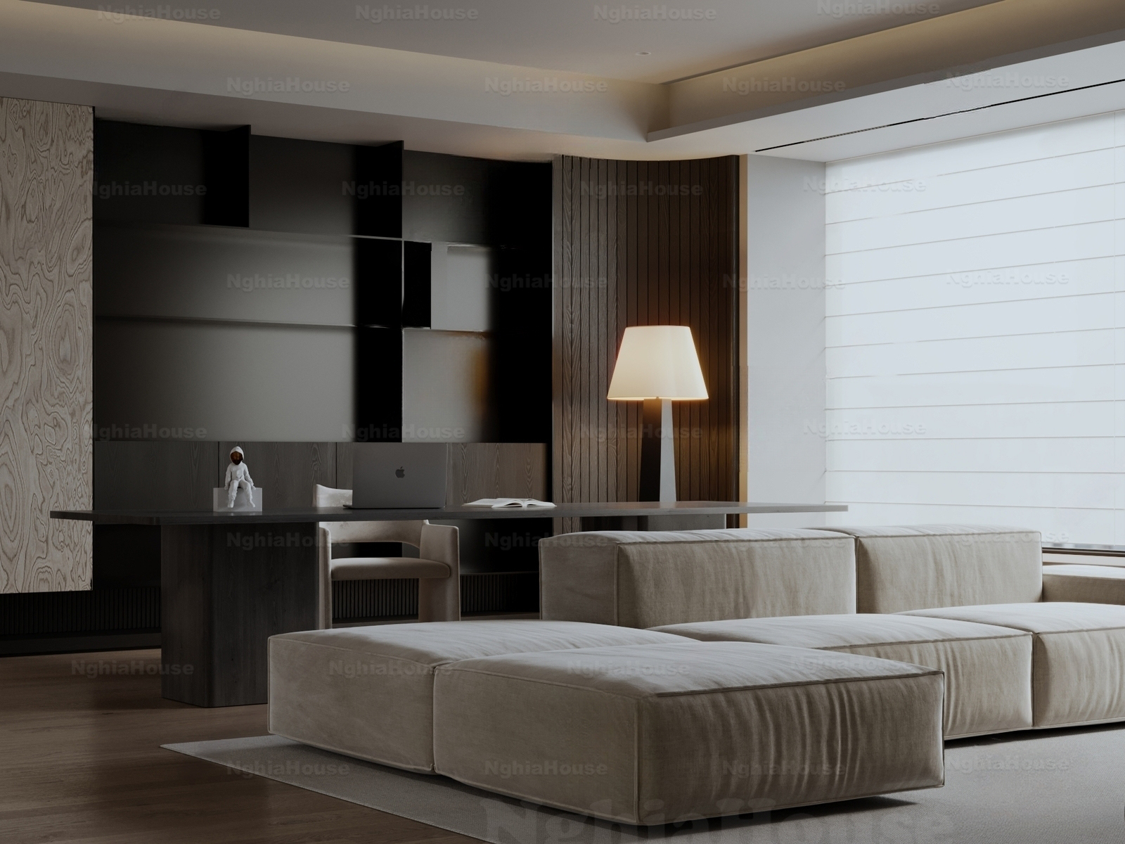 Modern Home Office with Minimalist Desk and Modular Sofa - 3D Model_1164296058