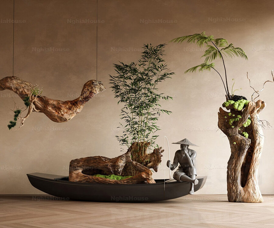 Zen Bonsai Landscape with Fisherman Statue_116088707