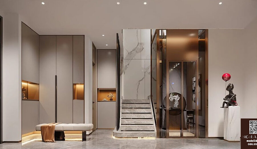 3ds Max Modern Stair Hall Interior Model – Luxury Entryway Design Corona Render_9405
