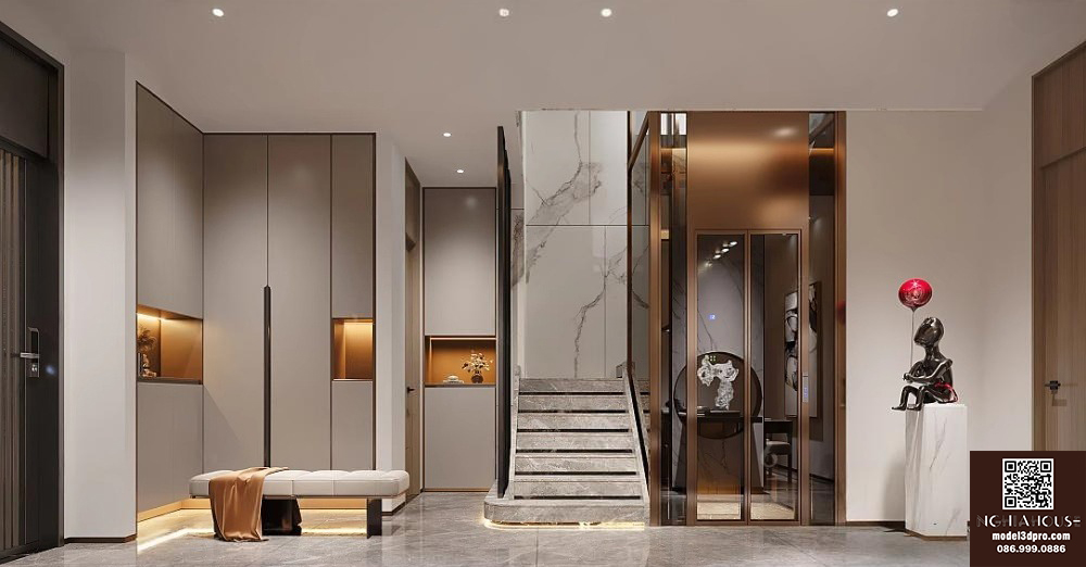 3ds Max Modern Stair Hall Interior Model – Luxury Entryway Design Corona Render_9405