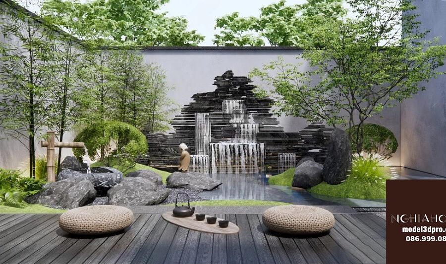 Japanese Indoor Rock Garden with Waterfall – Free 3ds Max Vray Model_0540