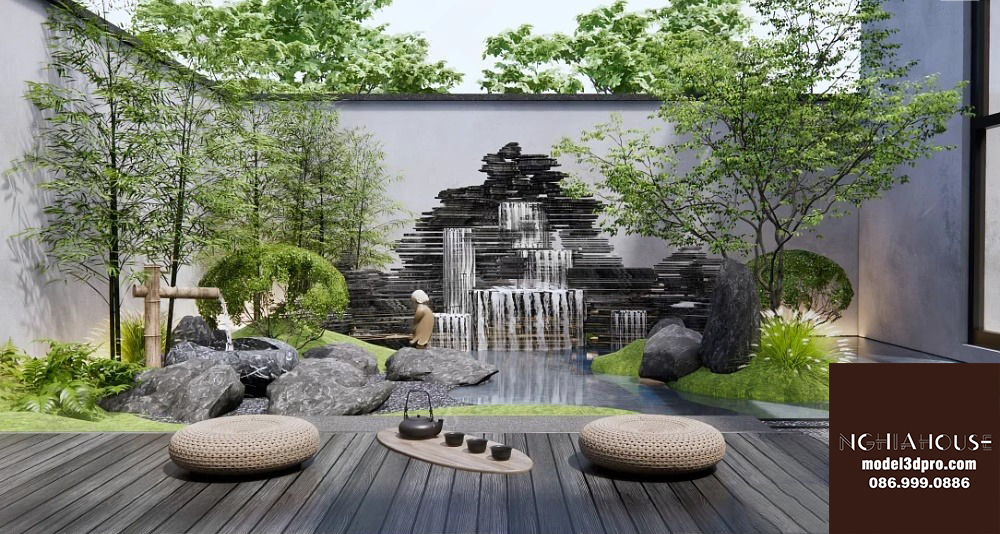 Japanese Indoor Rock Garden with Waterfall – Free 3ds Max Vray Model_0540
