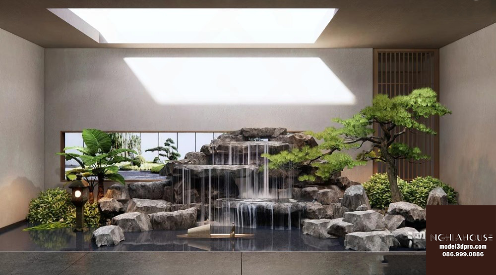 Japanese Indoor Rock Garden with Waterfall – Free 3ds Max Vray Model_1001