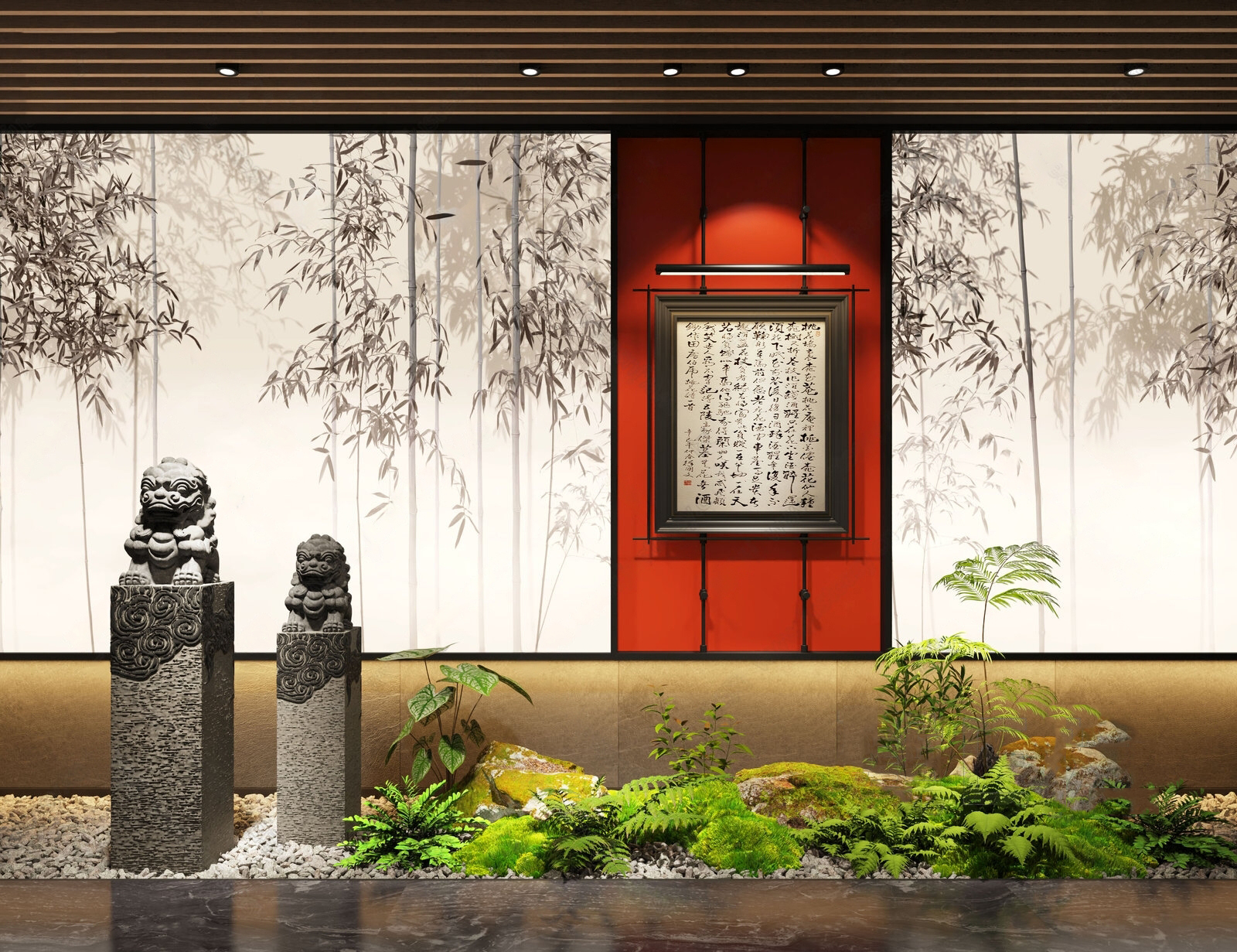 3ds Max Model Vray – Zen Interior Wall with Stone Lions and Calligraphy ...