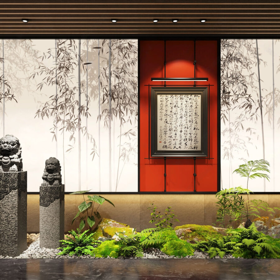 3ds Max Model Vray – Zen Interior Wall with Stone Lions and Calligraphy Art_3589