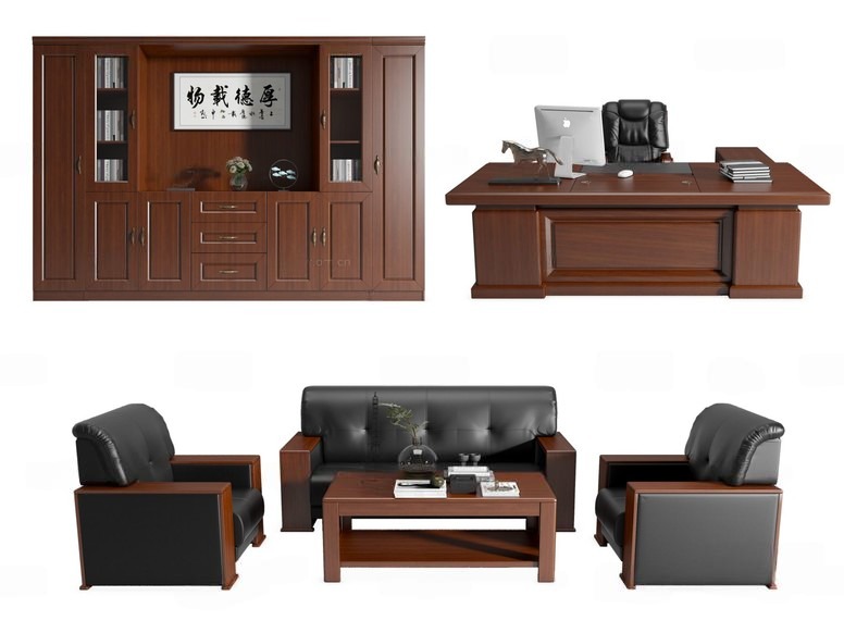 Classic Executive Office Furniture Set Dark Wood Desk, Bookcase & Leather Sofa_0860