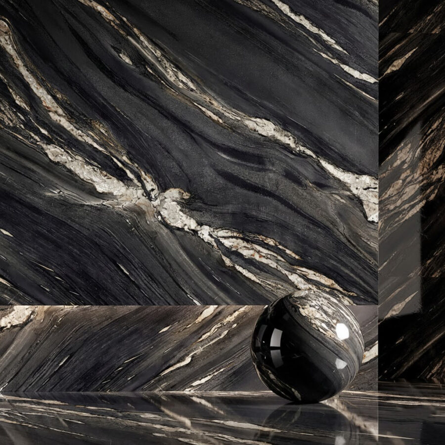 High-Resolution Black and Gold Marble Slab 3ds Max Material Corona render