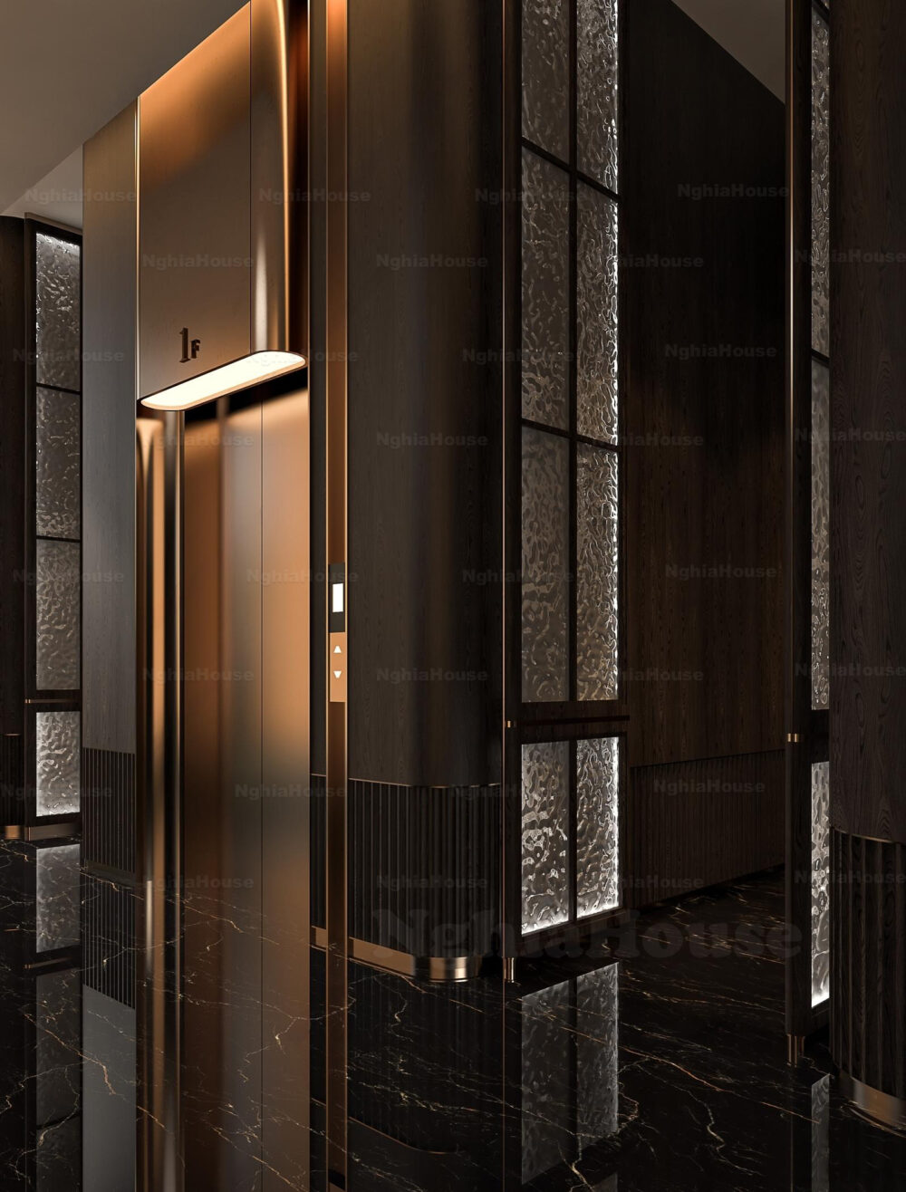 Luxury Elevator Lobby Scene Polished Brass Metal & Black Marble ...
