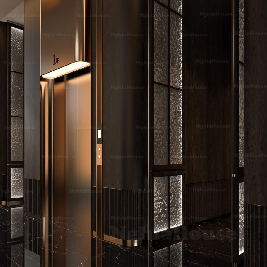Luxury Elevator Lobby Scene Polished Brass Metal & Black Marble Interior_6248