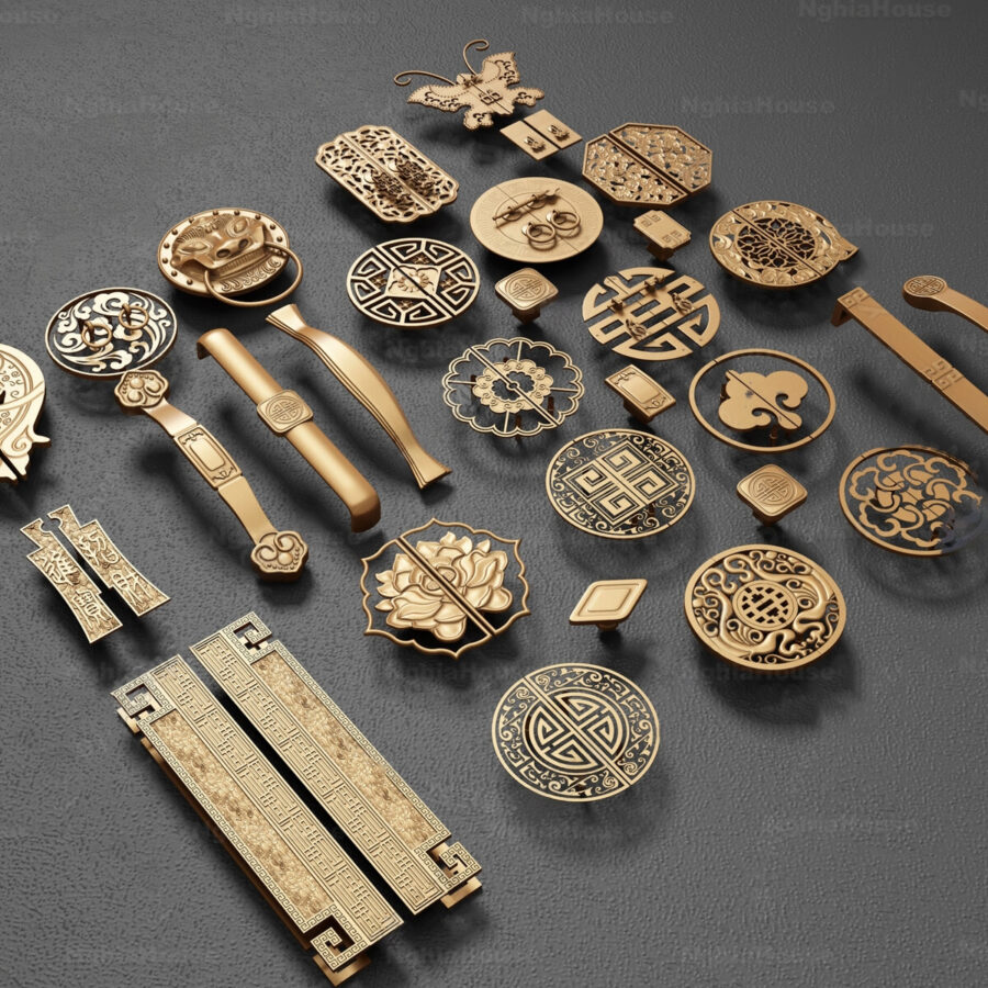 Luxury Gold Cabinet Knobs & Handles 3D Model Set Decorative Hardware_6546