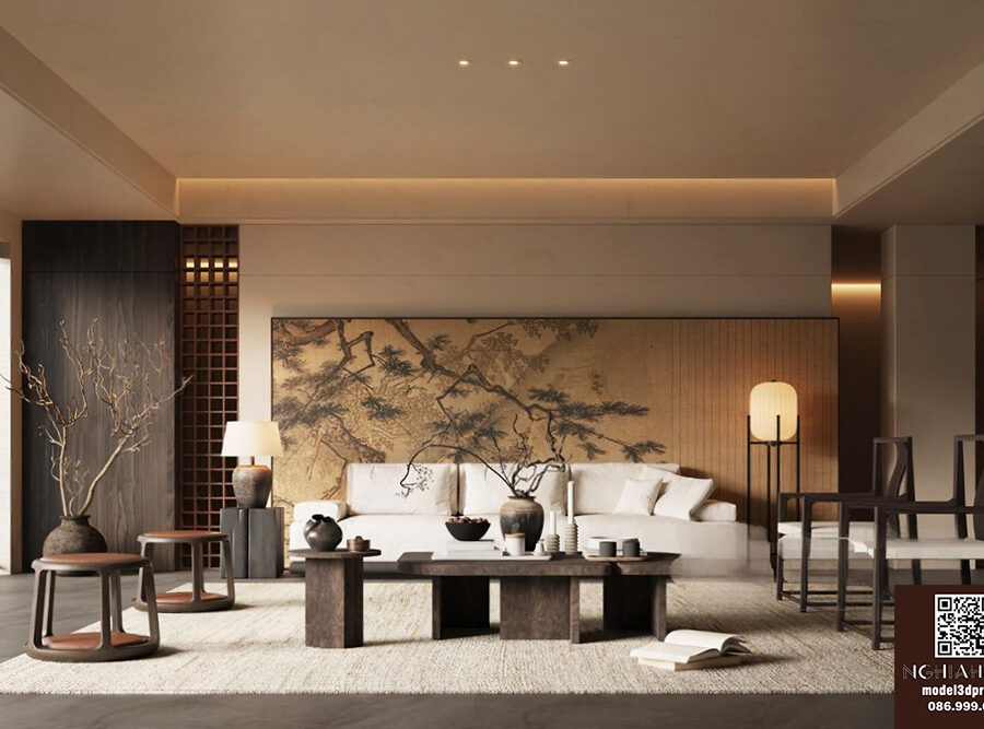 Modern Japanese Zen Living Room Render_0043