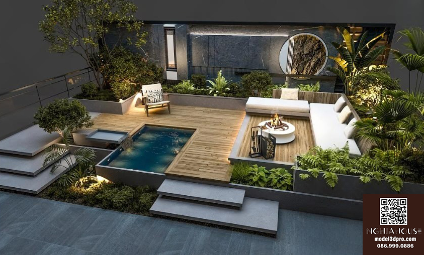 Modern Outdoor Terrace with Jacuzzi and Lounge Area_3467VR