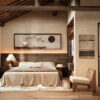 Rustic Bedroom Scene Exposed Wood Beam Ceiling & Natural Textiles Interior_8423