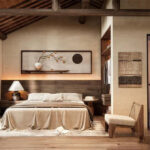 Rustic Bedroom Scene Exposed Wood Beam Ceiling & Natural Textiles Interior_8423