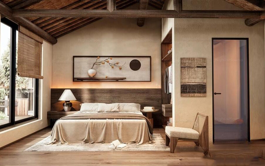 Rustic Bedroom Scene Exposed Wood Beam Ceiling & Natural Textiles Interior_8423