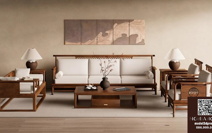 Wood Frame Sofa 3D Model – Photoreal V-Ray Render for Architectural Interiors_2547