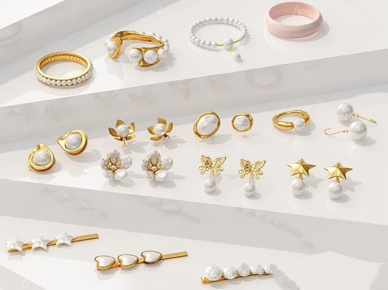 Golden Pearl Earrings, Rings & Bracelets 3D Model – Vray Rendering_1002