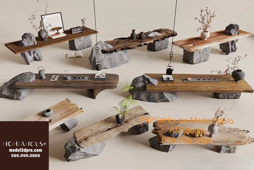 Set of 30 Rustic Wooden Decor 3D Models – Natural Wood Style 3ds Max