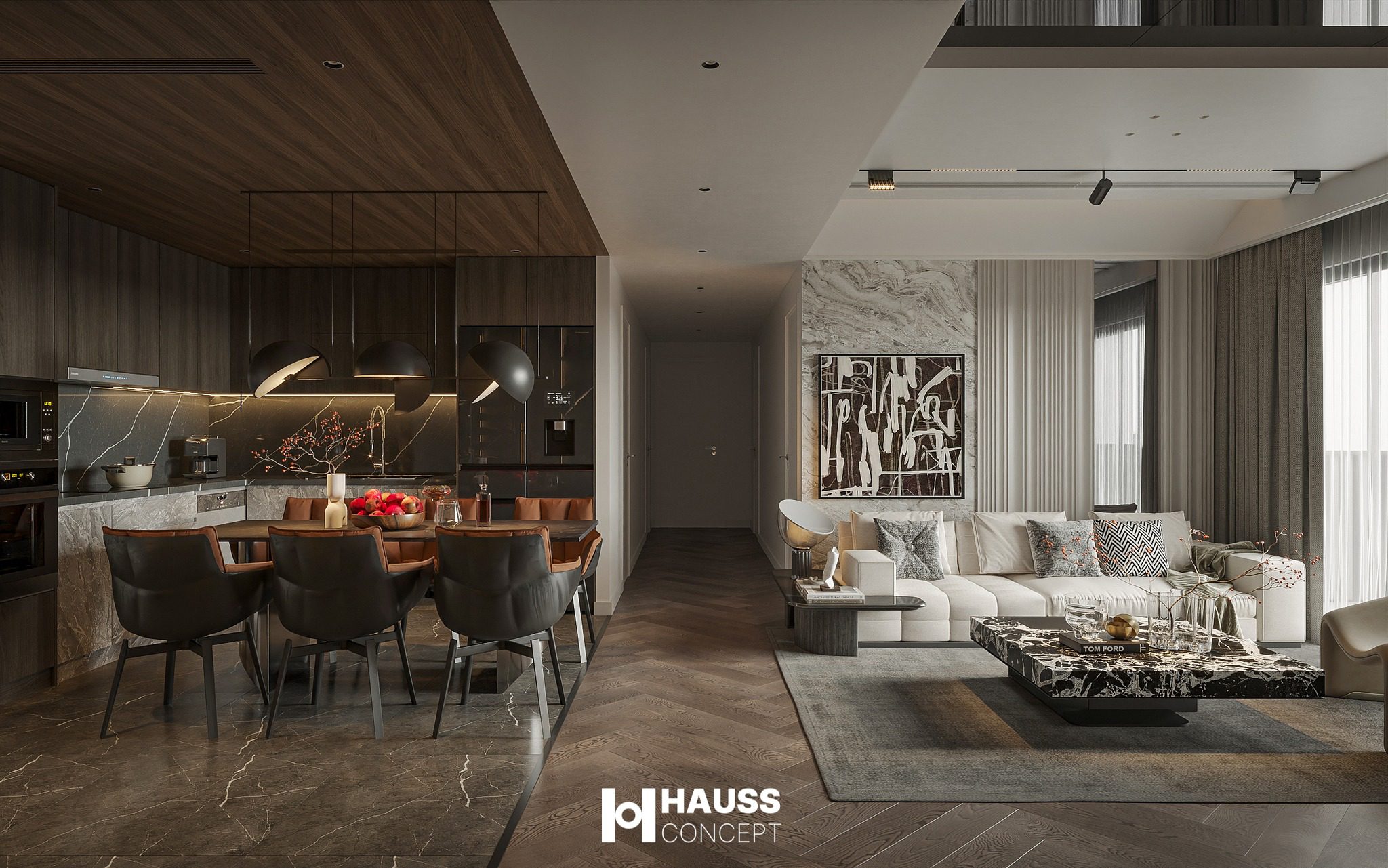 3Ds Max Living Room – Kitchen Interior Model Download by Cao Huy Hoang