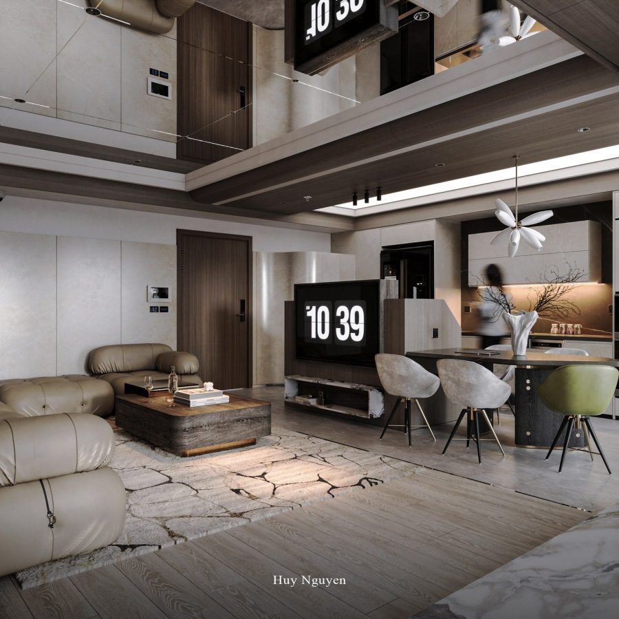 3Ds Max Living Room – Kitchen Interior Model Download by Huy Nguyen